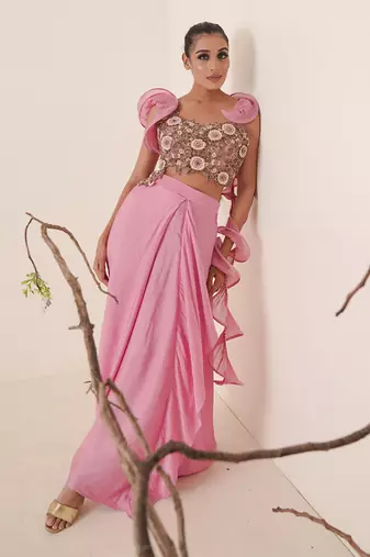 Bright bubble gum pink modal satin skirt set