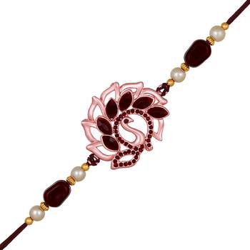 Mahi rose gold plated peacock shaped rakhi with maroon crystals for bhai / brother (ra1100719zmar) 1
