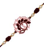 Mahi rose gold plated peacock shaped rakhi with maroon crystals for bhai / brother (ra1100719zmar)