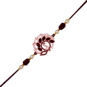 Mahi rose gold plated peacock shaped rakhi with maroon crystals for bhai / brother (ra1100719zmar) 3