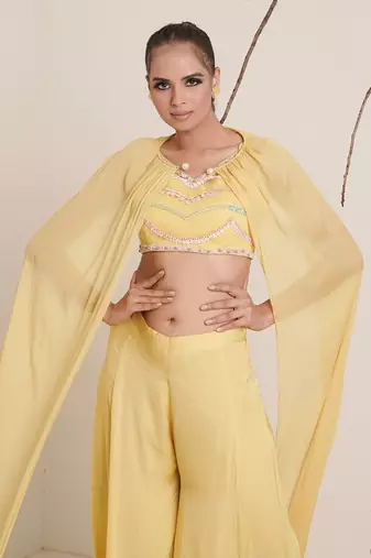 Yellow modal satin pant set