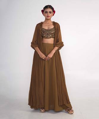 Chocolate brown georgette blend pant set 1