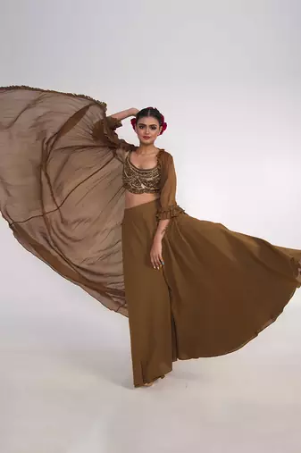 Chocolate brown georgette blend pant set