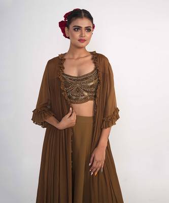 Chocolate brown georgette blend pant set 4