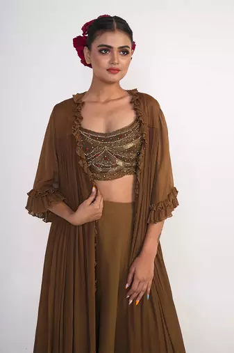 Chocolate brown georgette blend pant set