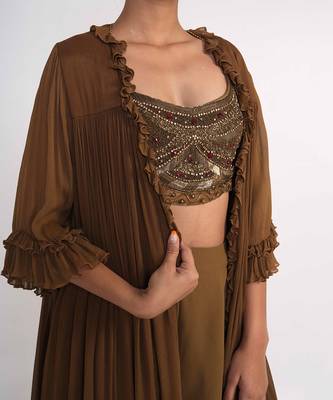 Chocolate brown georgette blend pant set 5