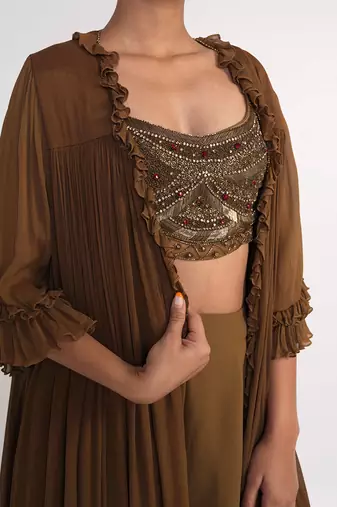 Chocolate brown georgette blend pant set