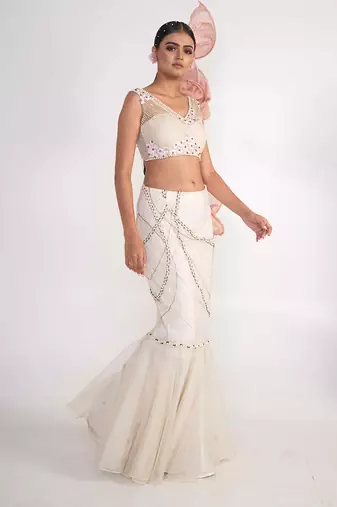Ivory net and organza lehenga set