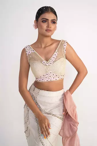 Ivory net and organza lehenga set