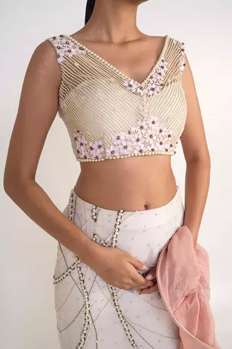 Ivory net and organza lehenga set