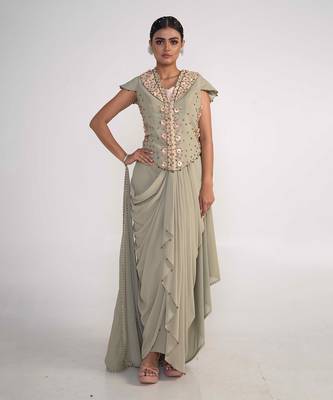 Moss green georgette jacket set 1