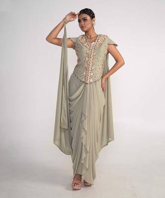 Moss green georgette jacket set 2