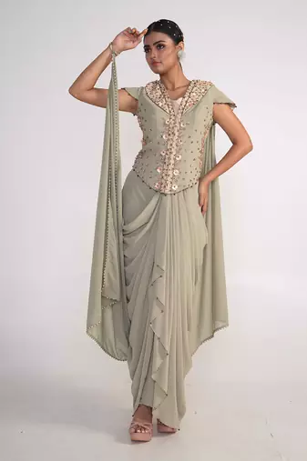 Moss green georgette jacket set