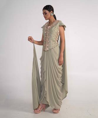 Moss green georgette jacket set 3