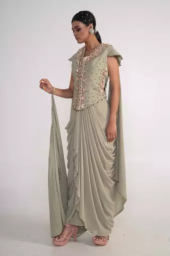 Moss green georgette jacket set