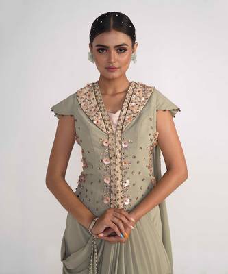 Moss green georgette jacket set 4