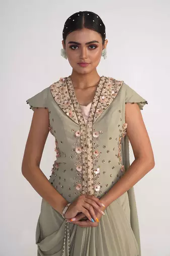 Moss green georgette jacket set