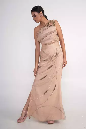Champagne modal satin and net gown