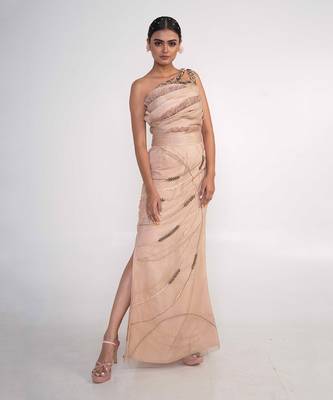 Champagne modal satin and net gown 4