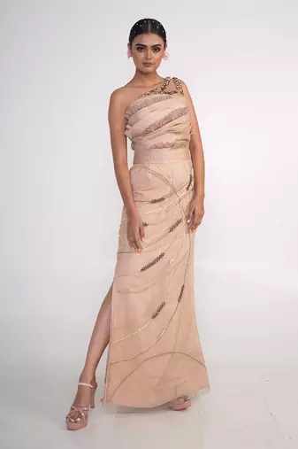 Champagne modal satin and net gown