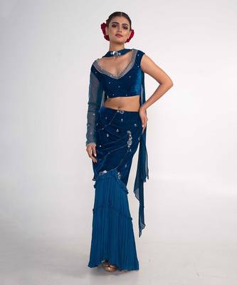 Teal blue velvet and chiffon skirt set 1