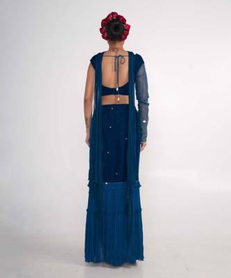 Teal blue velvet and chiffon skirt set 2