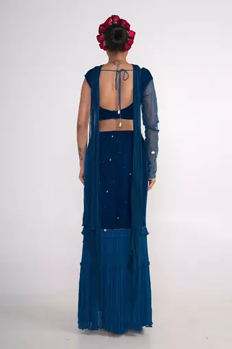 Teal blue velvet and chiffon skirt set