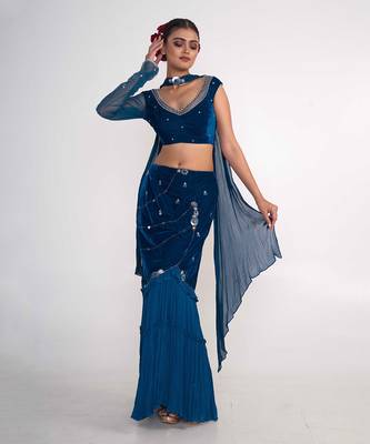 Teal blue velvet and chiffon skirt set 3