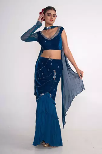 Teal blue velvet and chiffon skirt set