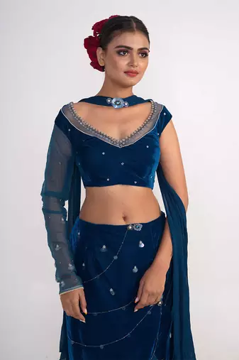 Teal blue velvet and chiffon skirt set