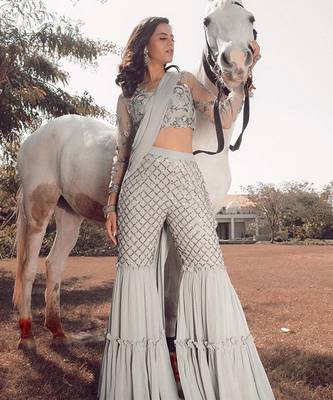 Steel Grey Crop Top With Sharara Pants and Dupatta 1