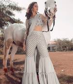 Steel Grey Crop Top With Sharara Pants and Dupatta