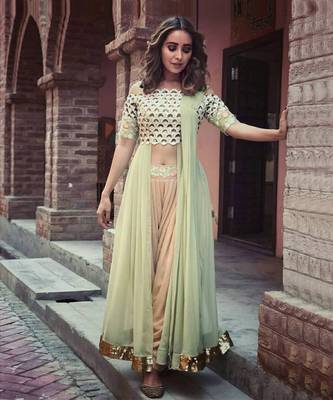 Peach and Mint Green Dhoti Salwar offshoulder Top 1