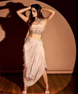 Mauve Crop Top with Drape Skirt and Cape 4
