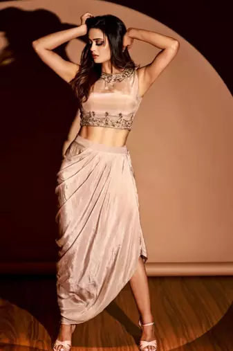Mauve Crop Top with Drape Skirt and Cape
