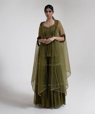 Olive green chiffon sharara set 1