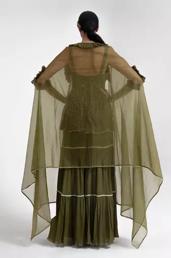 Olive green chiffon sharara set