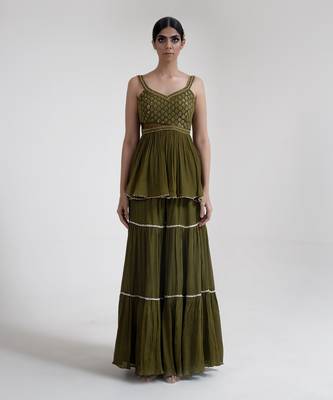 Olive green chiffon sharara set 3