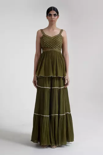 Olive green chiffon sharara set