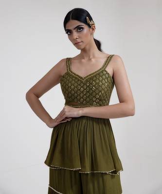 Olive green chiffon sharara set 4