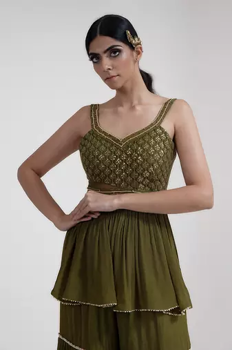 Olive green chiffon sharara set