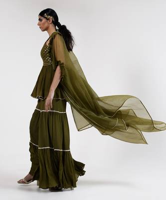 Olive green chiffon sharara set 5