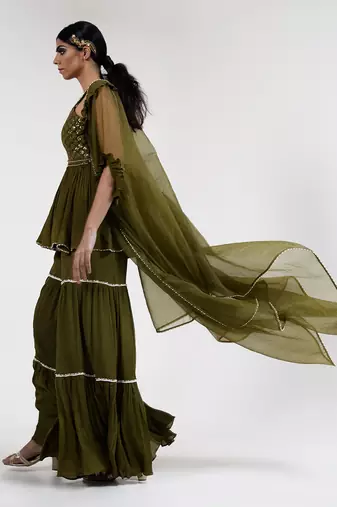 Olive green chiffon sharara set
