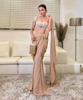 Beige Georgette Plain Pre Stitched Saree with Satin Blouse 7