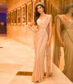 Beige Georgette Plain Pre Stitched Saree with Satin Blouse
