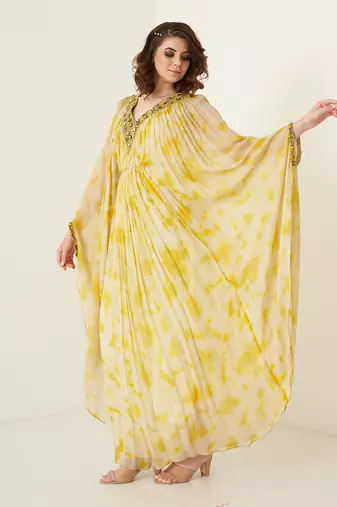 Yellow chiffon tie and dye kaftaan