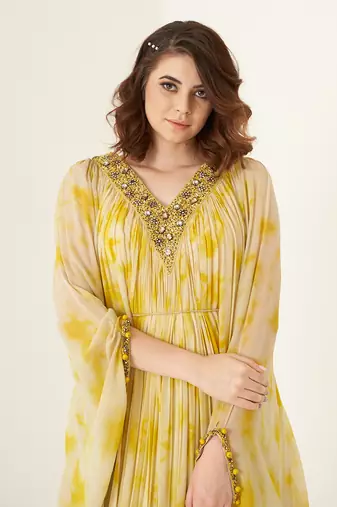 Yellow chiffon tie and dye kaftaan