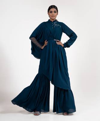 Teal blue georgette blend sharara set 1