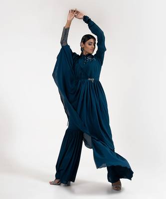Teal blue georgette blend sharara set 2