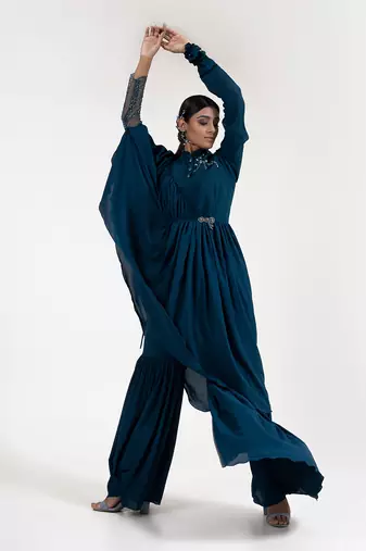 Teal blue georgette blend sharara set